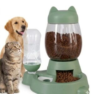 Dispensator Hrana Apa 2 in 1 Rezervor 2L 0.5L Antiderapant Verde Plastic