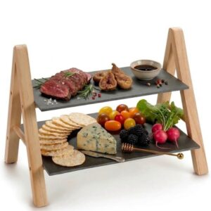 Etajera 2 Niveluri Aperitive Snacks Ceramica Lemn Pin Negru-lemn 37x20x27